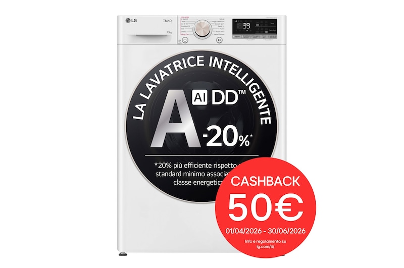 Vista frontale di Lavatrice 13kg AI DD™ | Serie R7 Classe A-20% | 1400 giri, TurboWash 360, Vapore su 7 programmi, Wi-Fi | White F4R7013TSWG